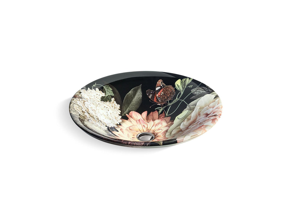 KOHLER K-30333-DM1-0 Dutchmaster Blush Floral Carillon 17-3/4" Round Drop-In Bathroom Sink, No Overflow - Blush Floral
