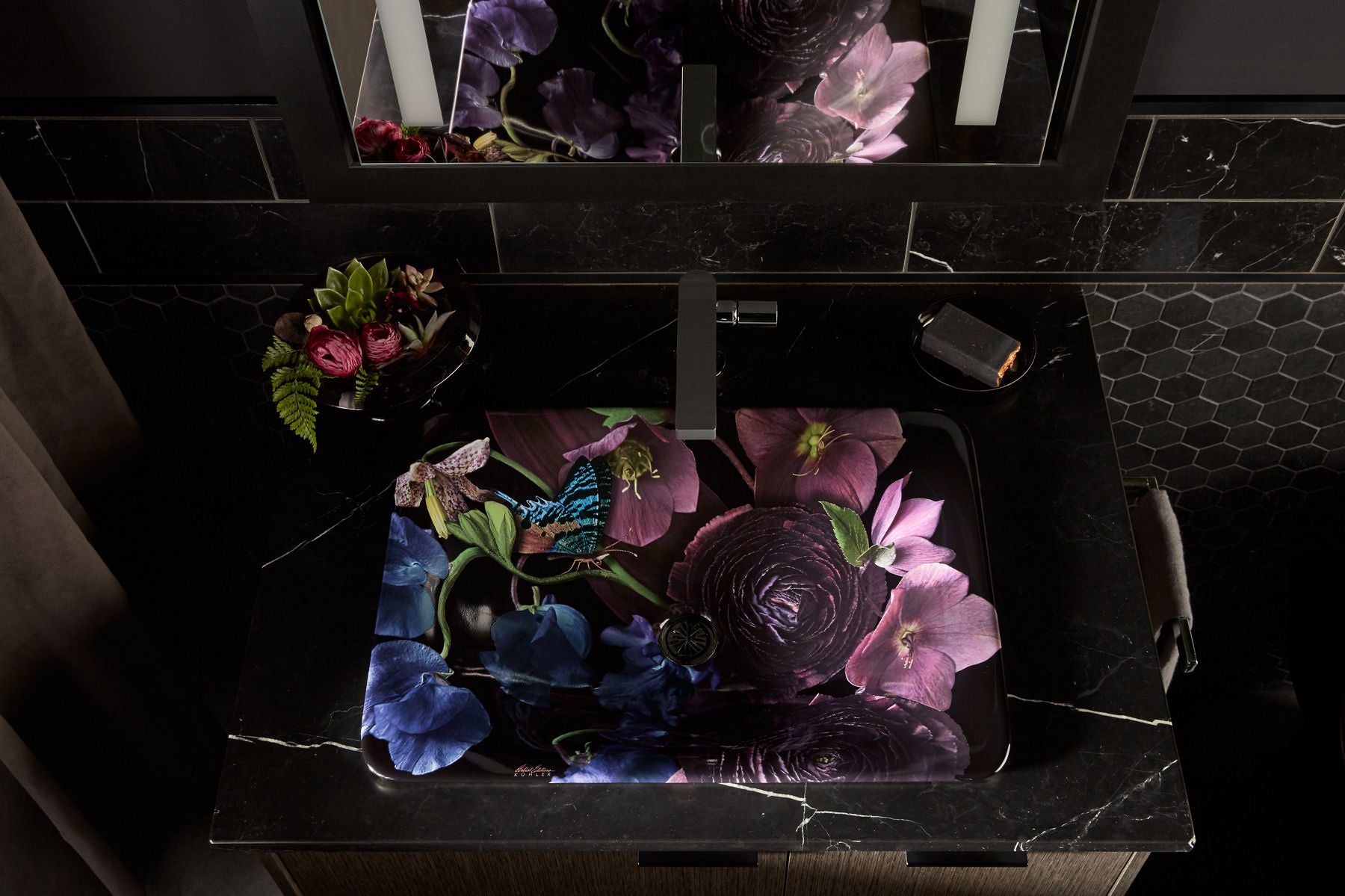 KOHLER K-30334-DM2-0 Dutchmaster Midnight Floral Carillon 21-1/4" Rectangular Drop-In Bathroom Sink, No Overflow - Midnight Floral
