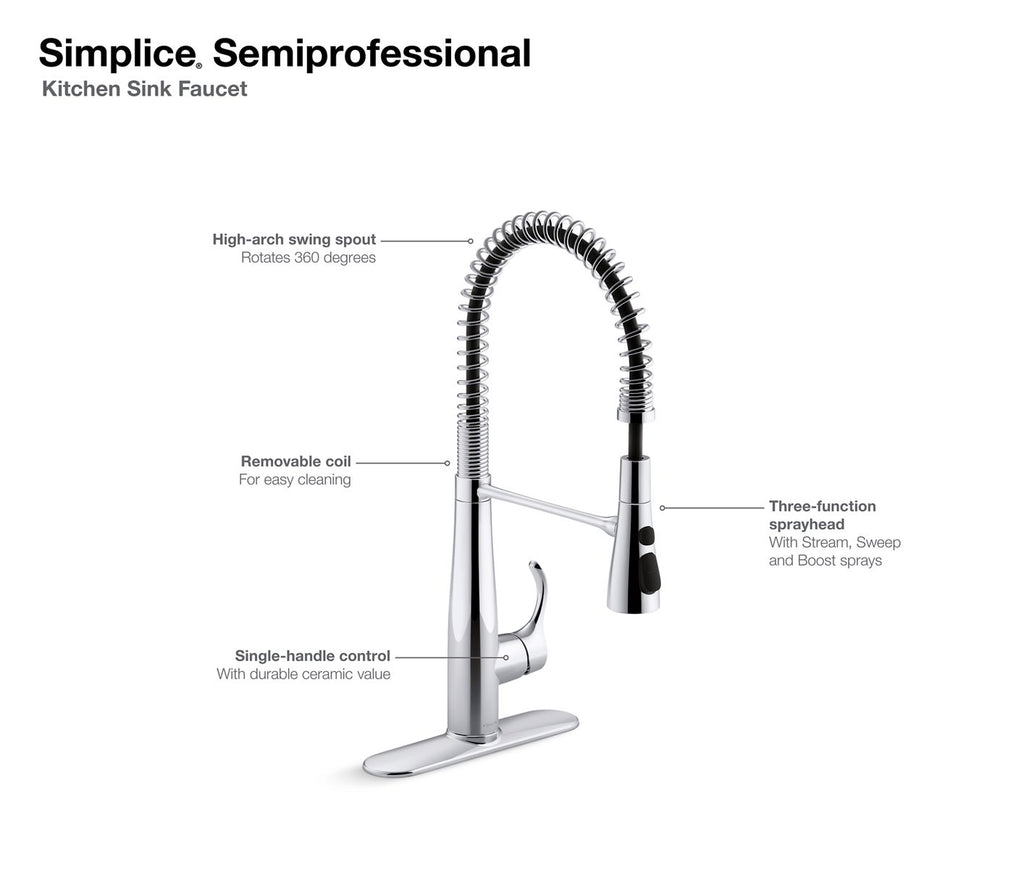KOHLER K-22033-VS Simplice Semi-Professional Kitchen Sink Faucet With Three-Function Sprayhead - Vibrant Stainless