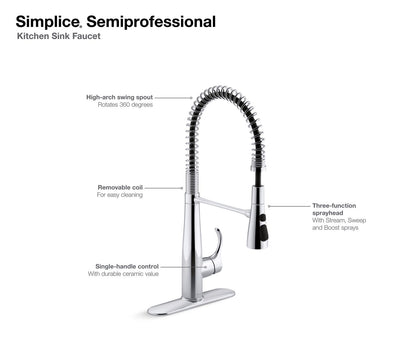 KOHLER K-22033-BL Simplice Semi-professional kitchen sink faucet with three-function sprayhead - Matte Black