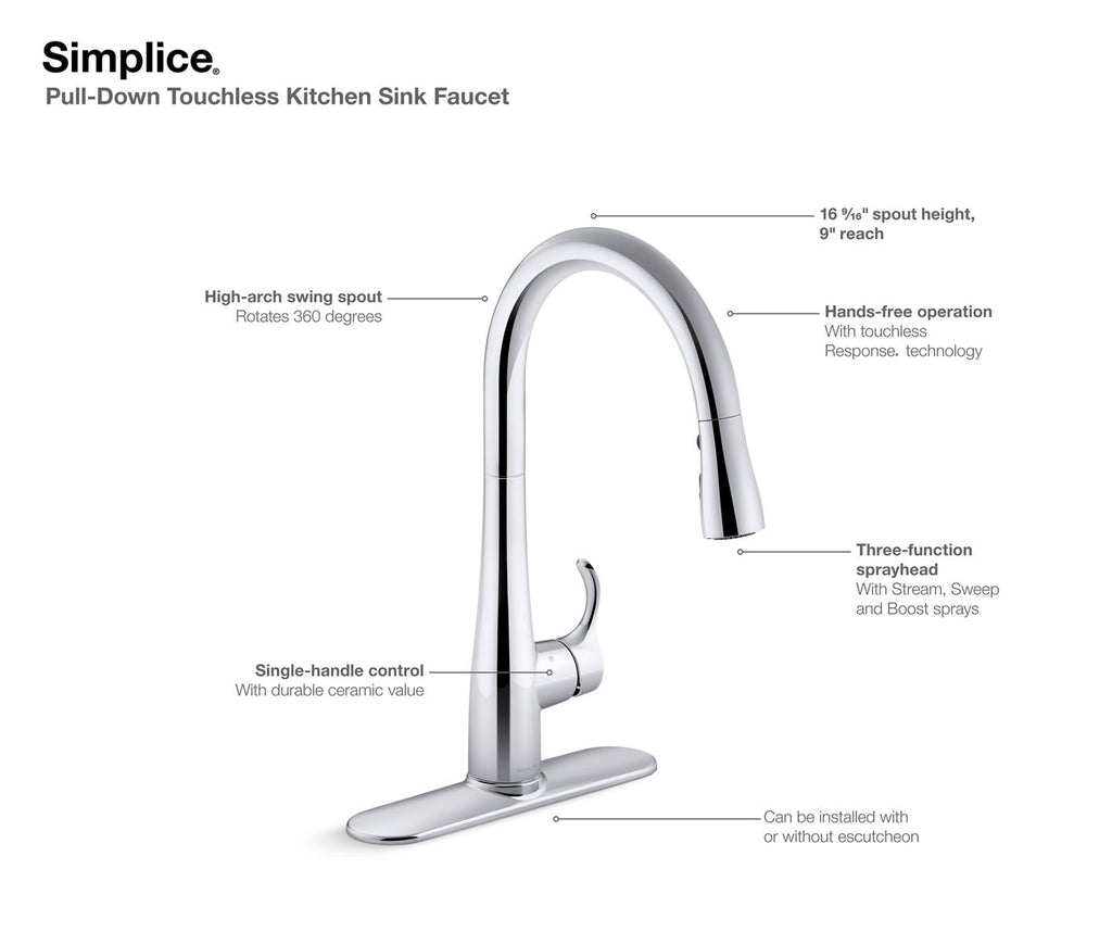 KOHLER K-22036-CP Simplice Touchless Pull-Down Kitchen Sink Faucet With Three-Function Sprayhead - Polished Chrome