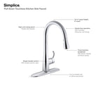 KOHLER K-22036-CP Simplice Touchless Pull-Down Kitchen Sink Faucet With Three-Function Sprayhead - Polished Chrome