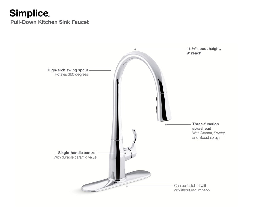 KOHLER K-596-VS Simplice Pull-Down Kitchen Sink Faucet With Three-Function Sprayhead - Vibrant Stainless