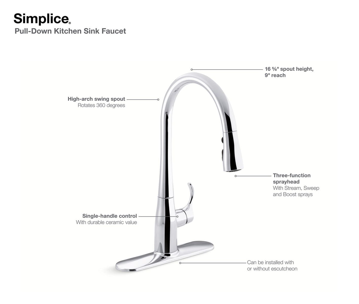 KOHLER K-596-VS Simplice Pull-Down Kitchen Sink Faucet With Three-Function Sprayhead - Vibrant Stainless