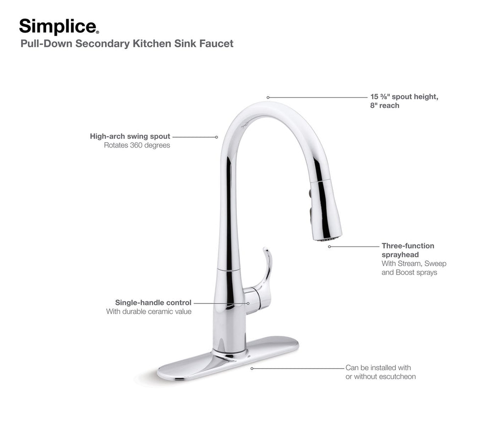 KOHLER K-597-VS Simplice Compact Pull-Down Kitchen Sink Faucet With Three-Function Sprayhead - Vibrant Stainless