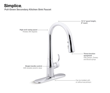 KOHLER K-597-VS Simplice Compact pull-down kitchen sink faucet with three-function sprayhead - Vibrant Stainless