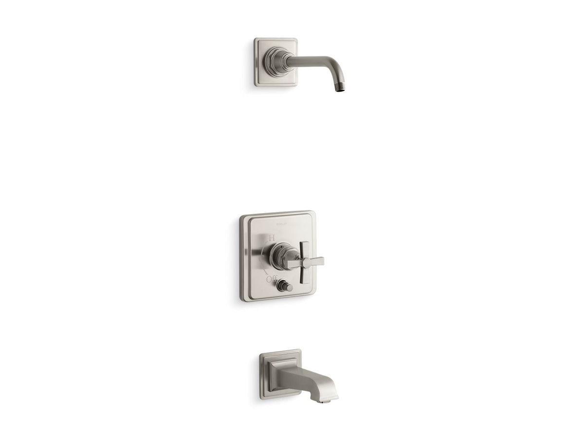 KOHLER K-T13133-3AL-BN Pinstripe Pure Rite-Temp Bath And Shower Trim Kit With Push-Button Diverter And Cross Handle, Without Showerhead - Vibrant Brushed Nickel