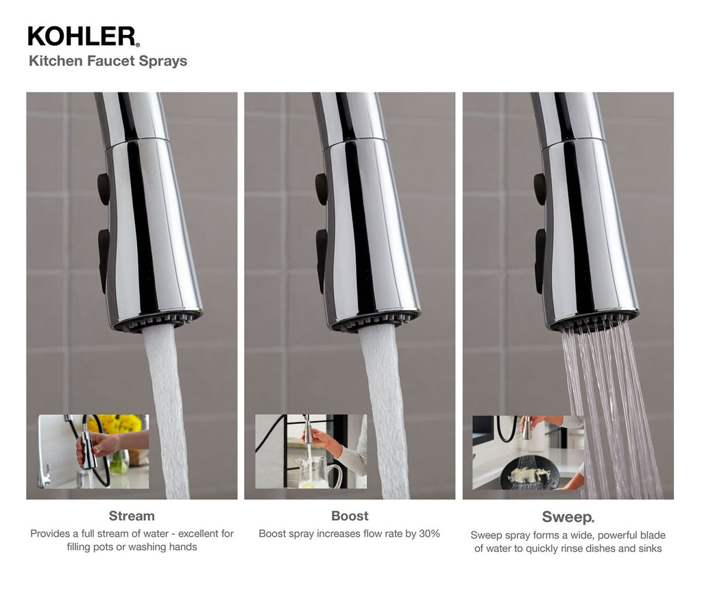 KOHLER K-596-VS Simplice Pull-Down Kitchen Sink Faucet With Three-Function Sprayhead - Vibrant Stainless
