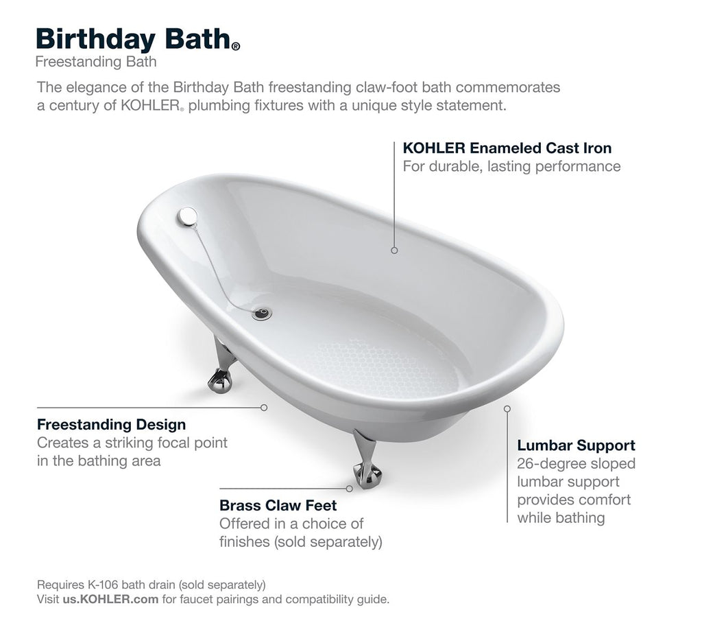 KOHLER K-100-0 Birthday Bath 72" X 37-1/2" Freestanding Bath - White