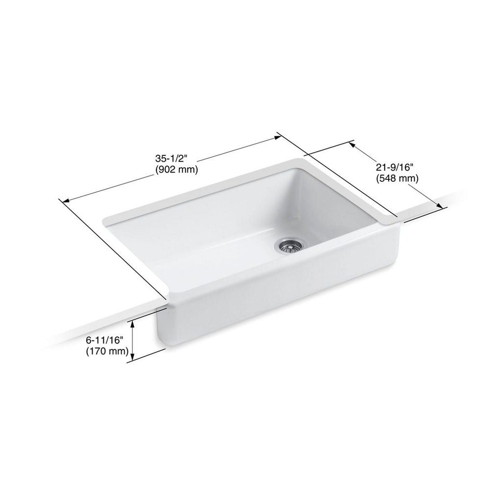 KOHLER K-6488-FF Whitehaven 35-1/2" Undermount Single-Bowl Farmhouse Kitchen Sink - Sea Salt