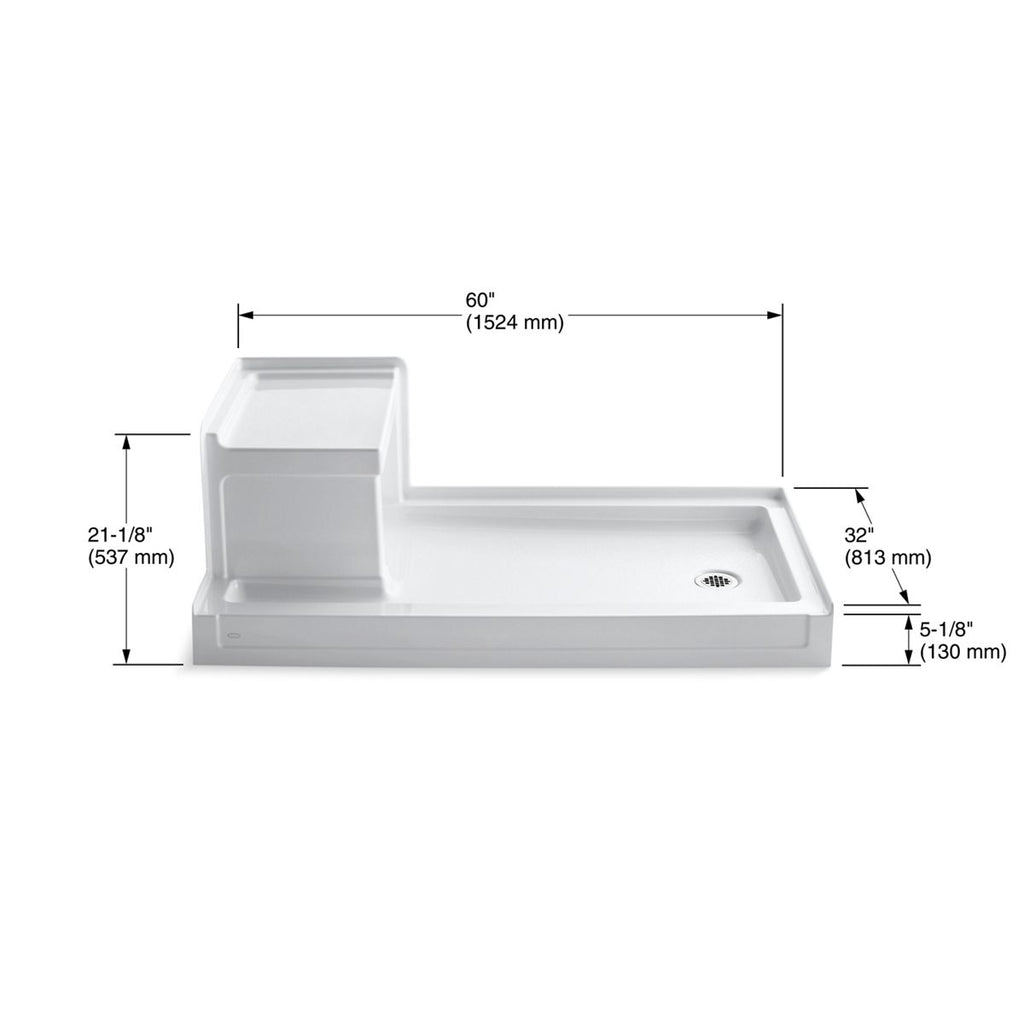 KOHLER K-1976-0 Tresham 60" X 32" Alcove Shower Base, Right Drain - White