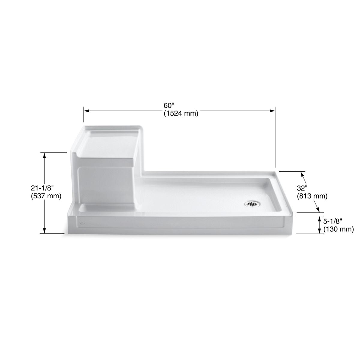 KOHLER K-1976-0 Tresham 60" X 32" Alcove Shower Base, Right Drain - White