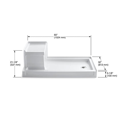 KOHLER K-1976-0 Tresham 60" x 32" alcove shower base, right drain - White