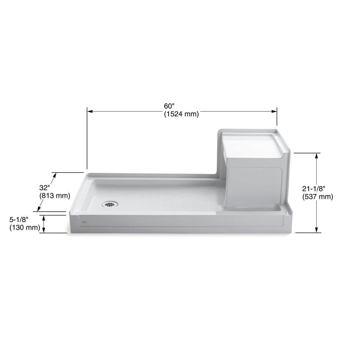 KOHLER K-1977-0 Tresham 60" X 32" Alcove Shower Base, Left Drain - White