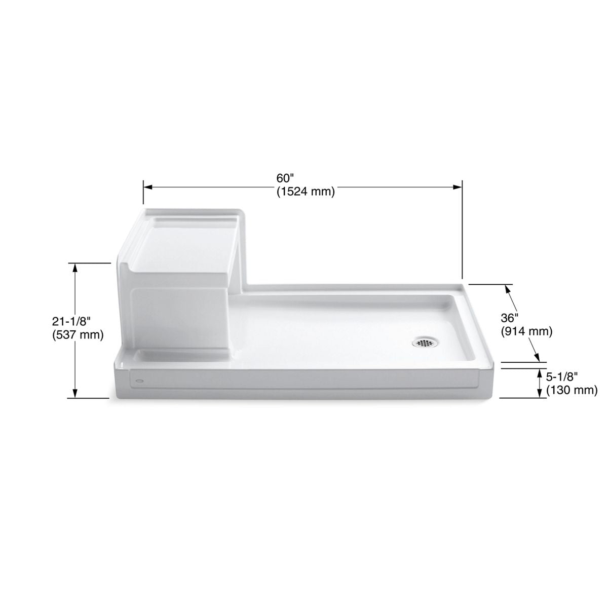 KOHLER K-1978-0 Tresham 60" X 36" Alcove Shower Base, Right Drain - White