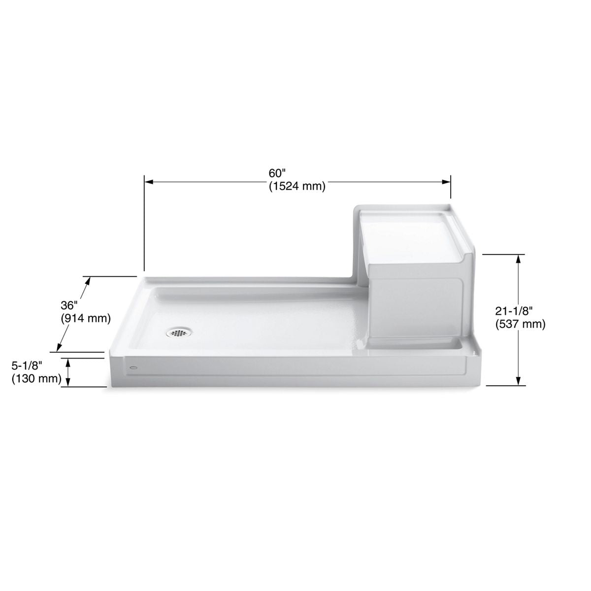 KOHLER K-1979-0 Tresham 60" X 36" Alcove Shower Base, Left Drain - White