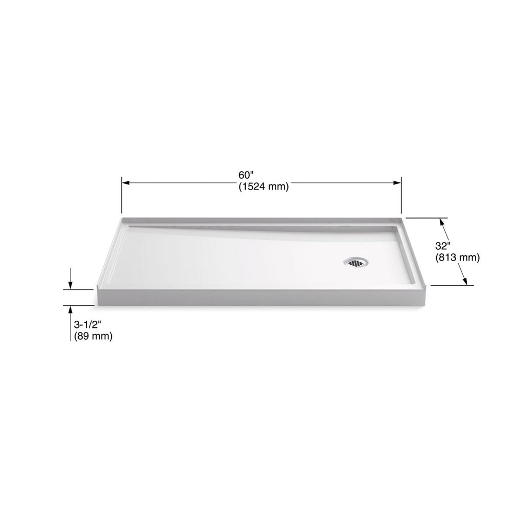 KOHLER K-8458-96 Rely 60" X 32" Alcove Shower Base, Right Drain - Biscuit
