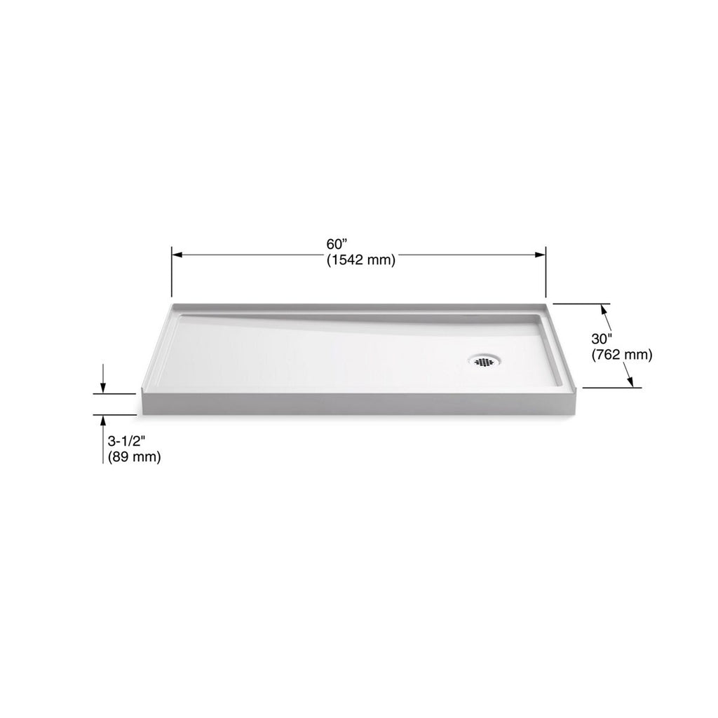 KOHLER K-8642-0 Rely 60" X 30" Alcove Shower Base, Right Drain - White