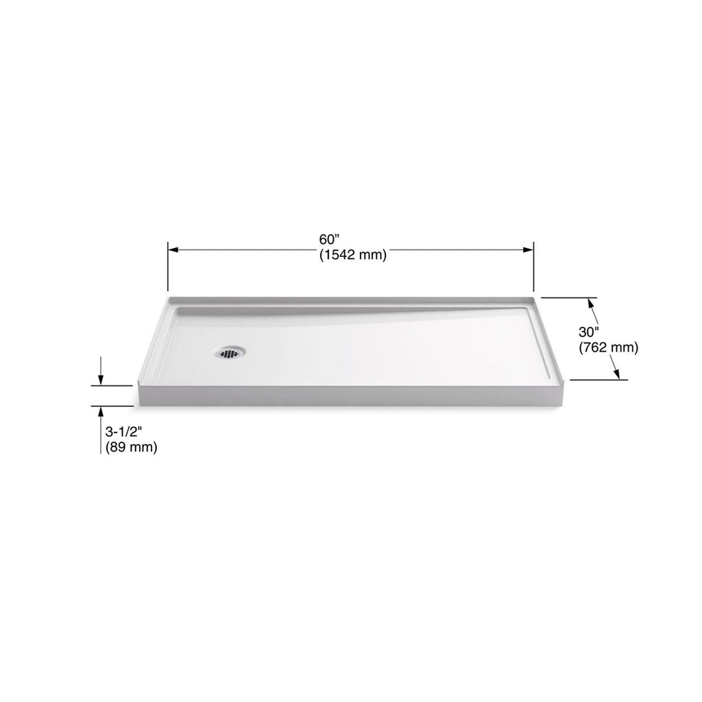 KOHLER K-8643-0 Rely 60" X 30" Alcove Shower Base, Left Drain - White
