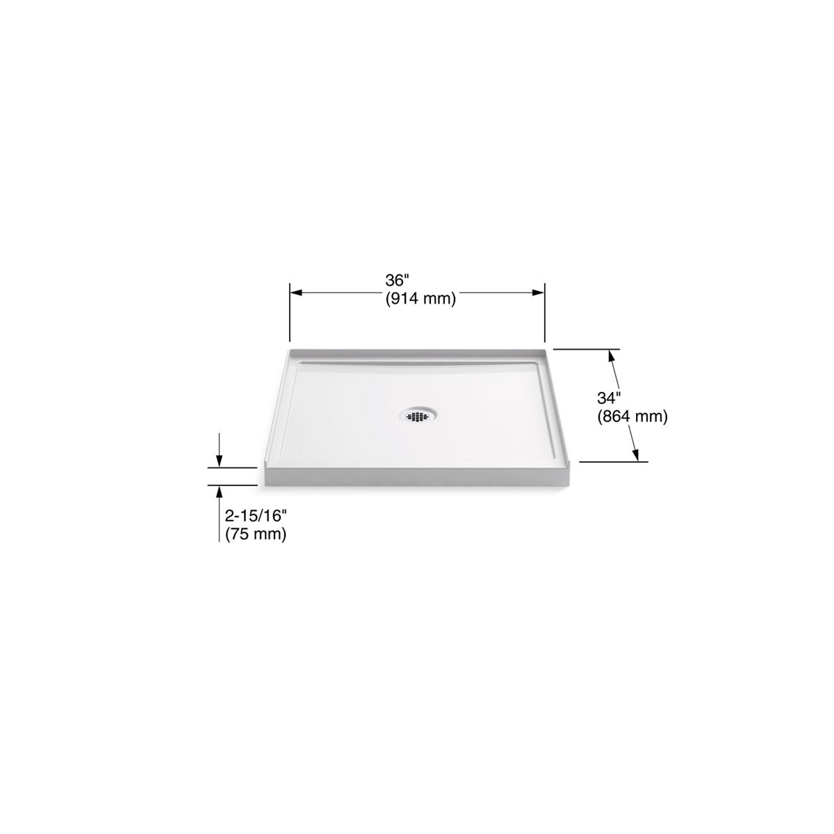 KOHLER K-8644-96 Rely 36" X 34" Alcove Shower Base, Center Drain - Biscuit