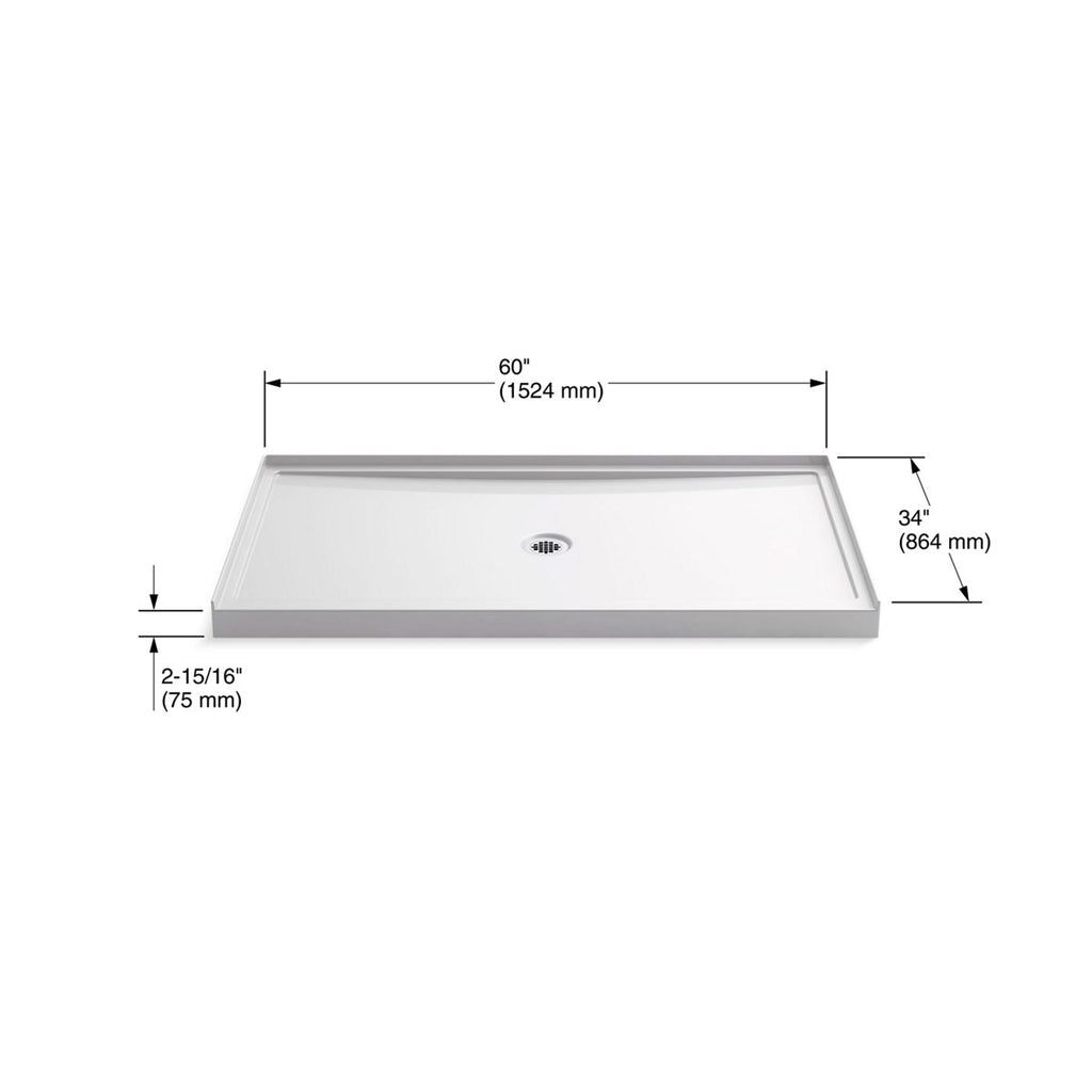 KOHLER K-8649-96 Rely 60" X 34" Alcove Shower Base, Center Drain - Biscuit