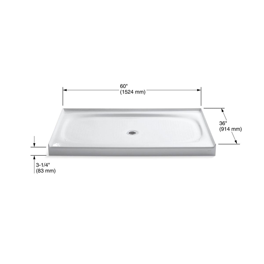 KOHLER K-9055-0 Salient 60" X 36" Alcove Shower Base, Center Drain - White