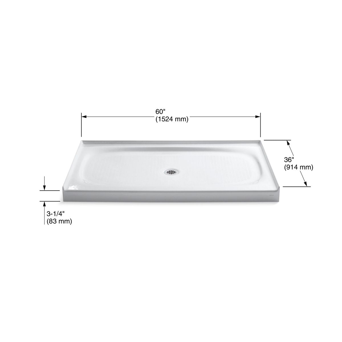 KOHLER K-9055-0 Salient 60" X 36" Alcove Shower Base, Center Drain - White