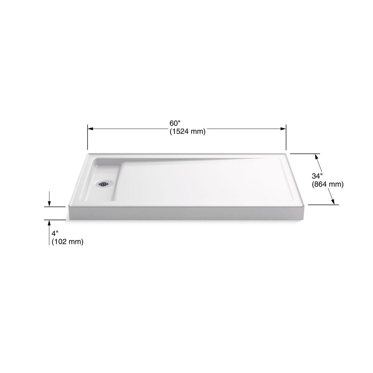 KOHLER K-9193-0 Bellwether 60" X 34" Alcove Shower Base, Left Offset Drain - White