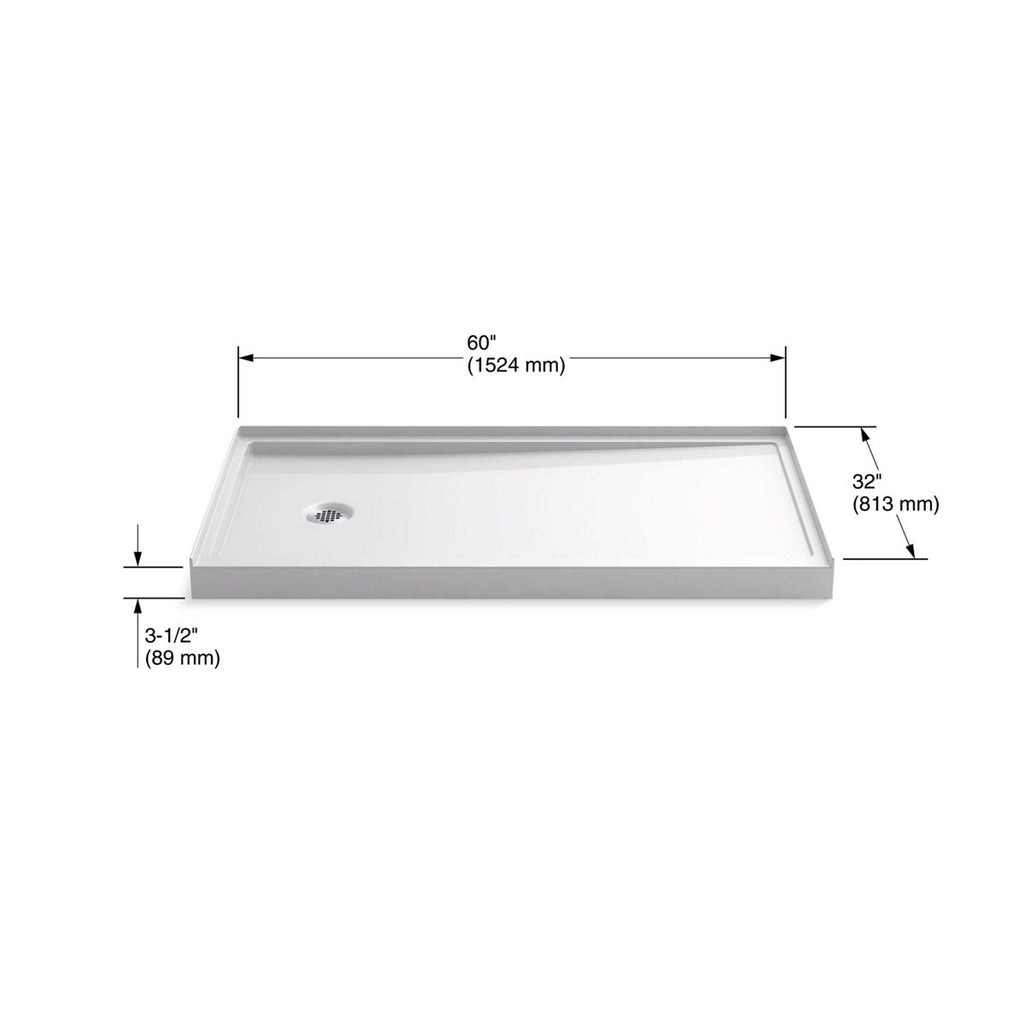 KOHLER K-8459-96 Rely 60" X 32" Alcove Shower Base, Left Drain - Biscuit