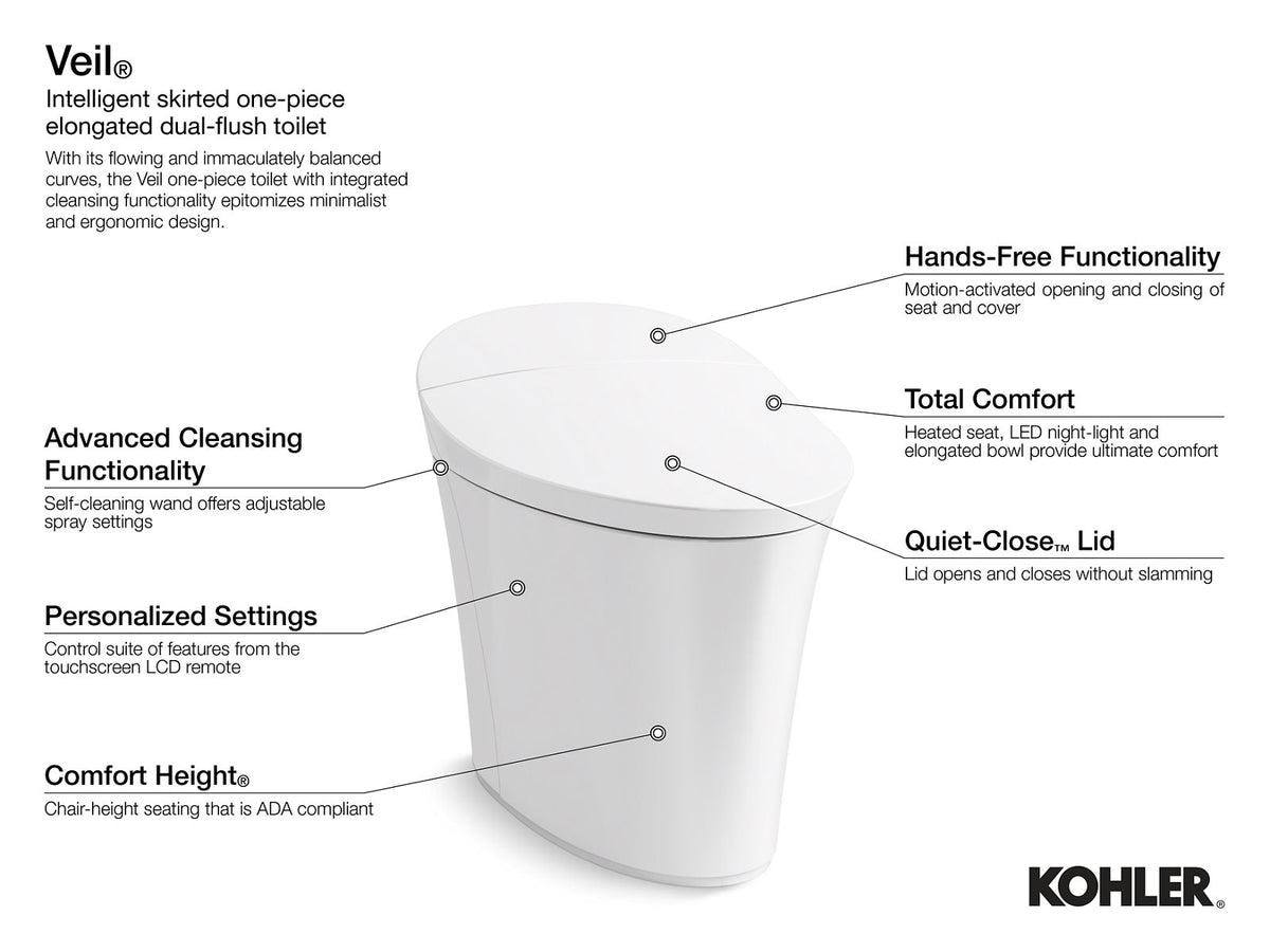 KOHLER K-5401-PA-0 Veil One-Piece Compact Elongated Smart Toilet, Dual-Flush - White