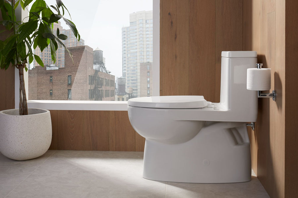 KOHLER K-78080-96 Reach One-Piece Compact Elongated Toilet With Skirted Trapway, 1.28 Gpf - Biscuit