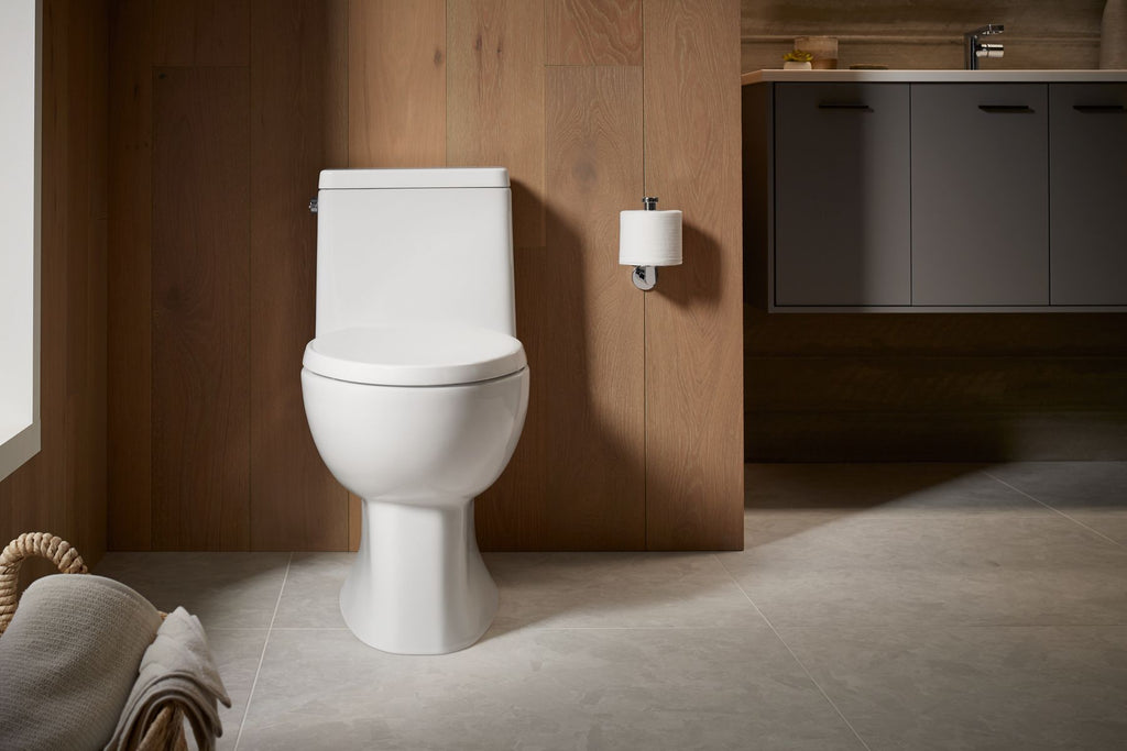 KOHLER K-78080-96 Reach One-Piece Compact Elongated Toilet With Skirted Trapway, 1.28 Gpf - Biscuit