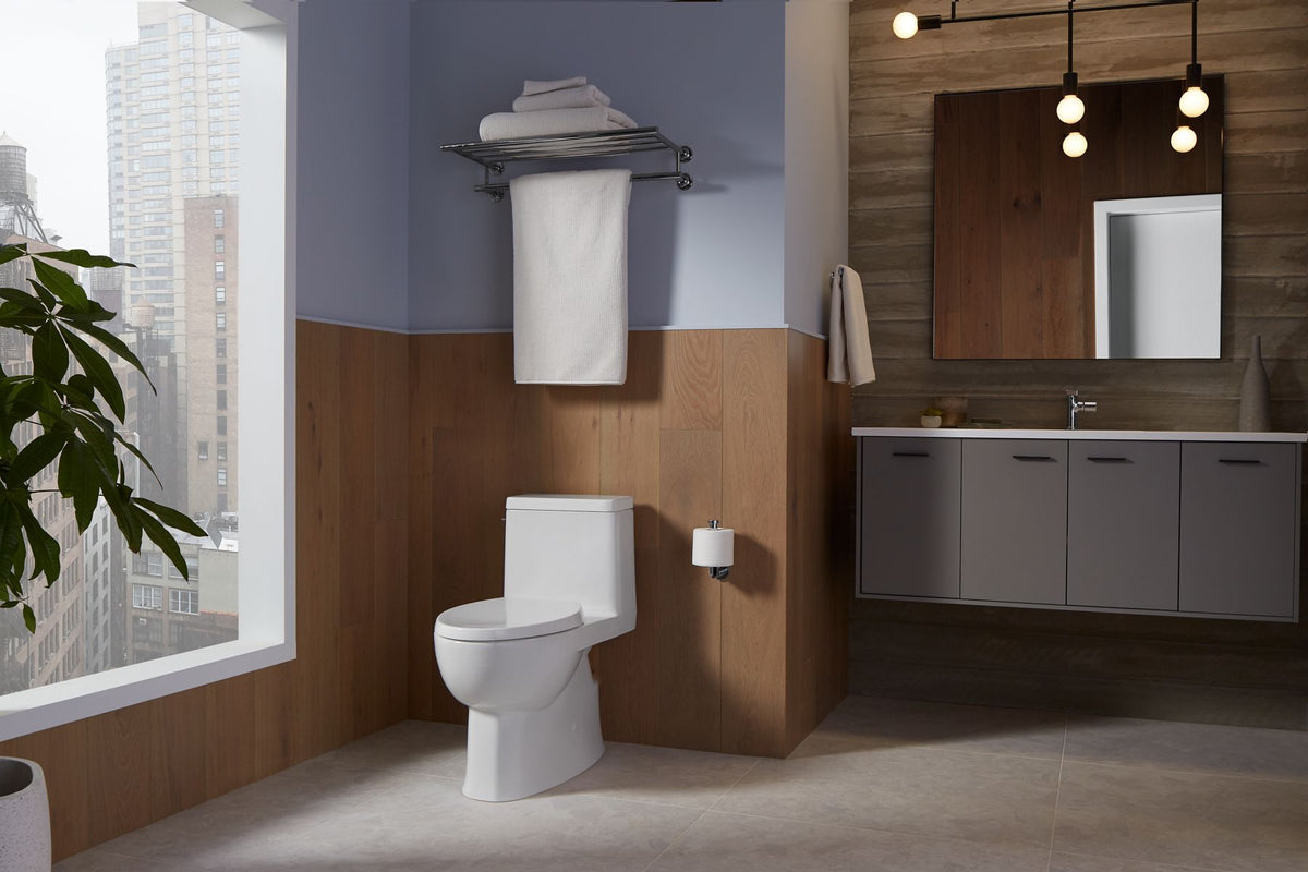 KOHLER K-78080-96 Reach One-Piece Compact Elongated Toilet With Skirted Trapway, 1.28 Gpf - Biscuit