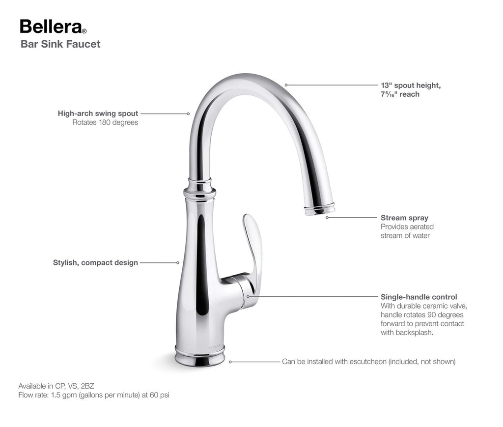 KOHLER K-29107-CP Bellera Single-Handle Bar Sink Faucet - Polished Chrome