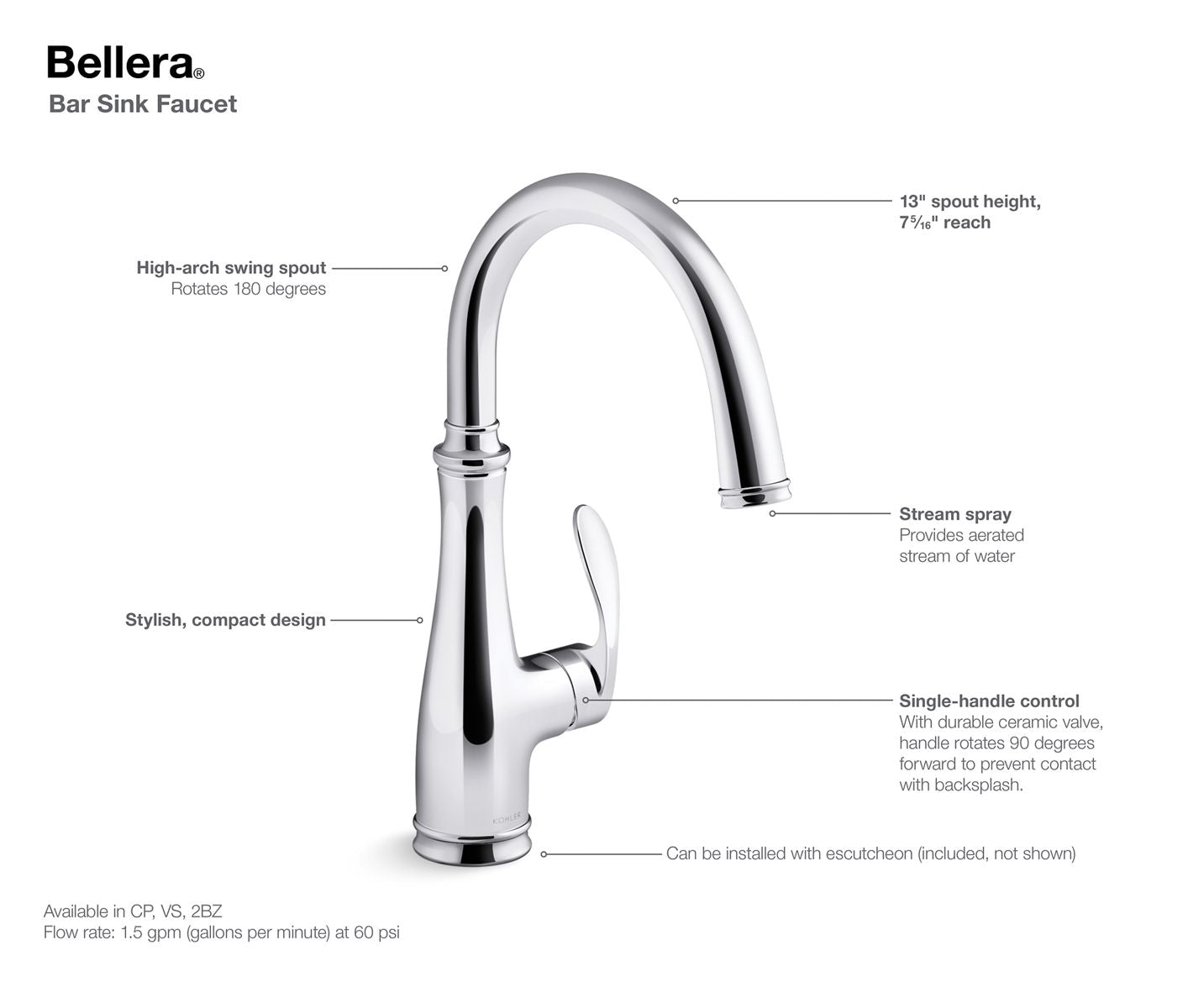 KOHLER K-29107-CP Bellera Single-Handle Bar Sink Faucet - Polished Chrome