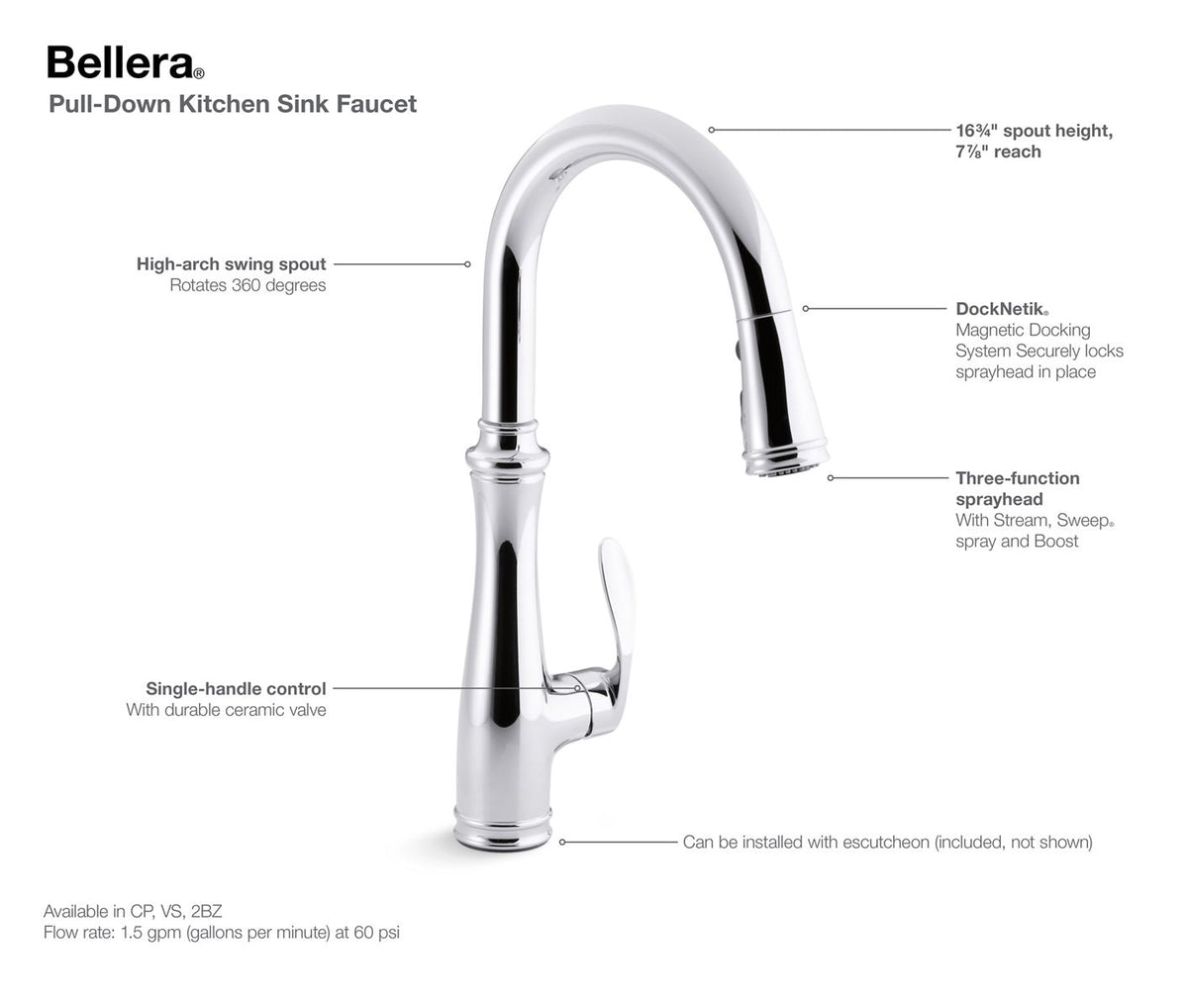 KOHLER K-560-VS Bellera Pull-Down Kitchen Sink Faucet With Three-Function Sprayhead - Vibrant Stainless