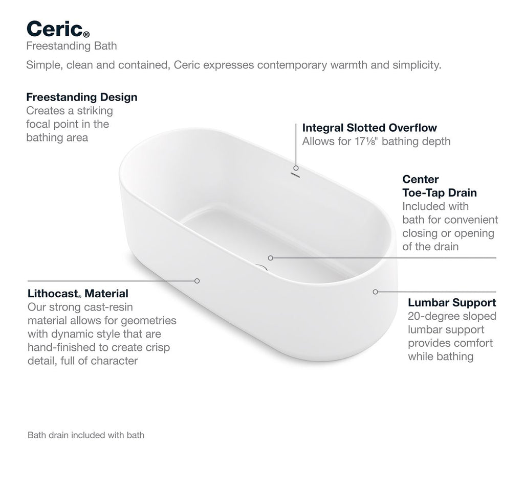 KOHLER K-8336-0 Ceric 65" X 31" Freestanding Bath - White