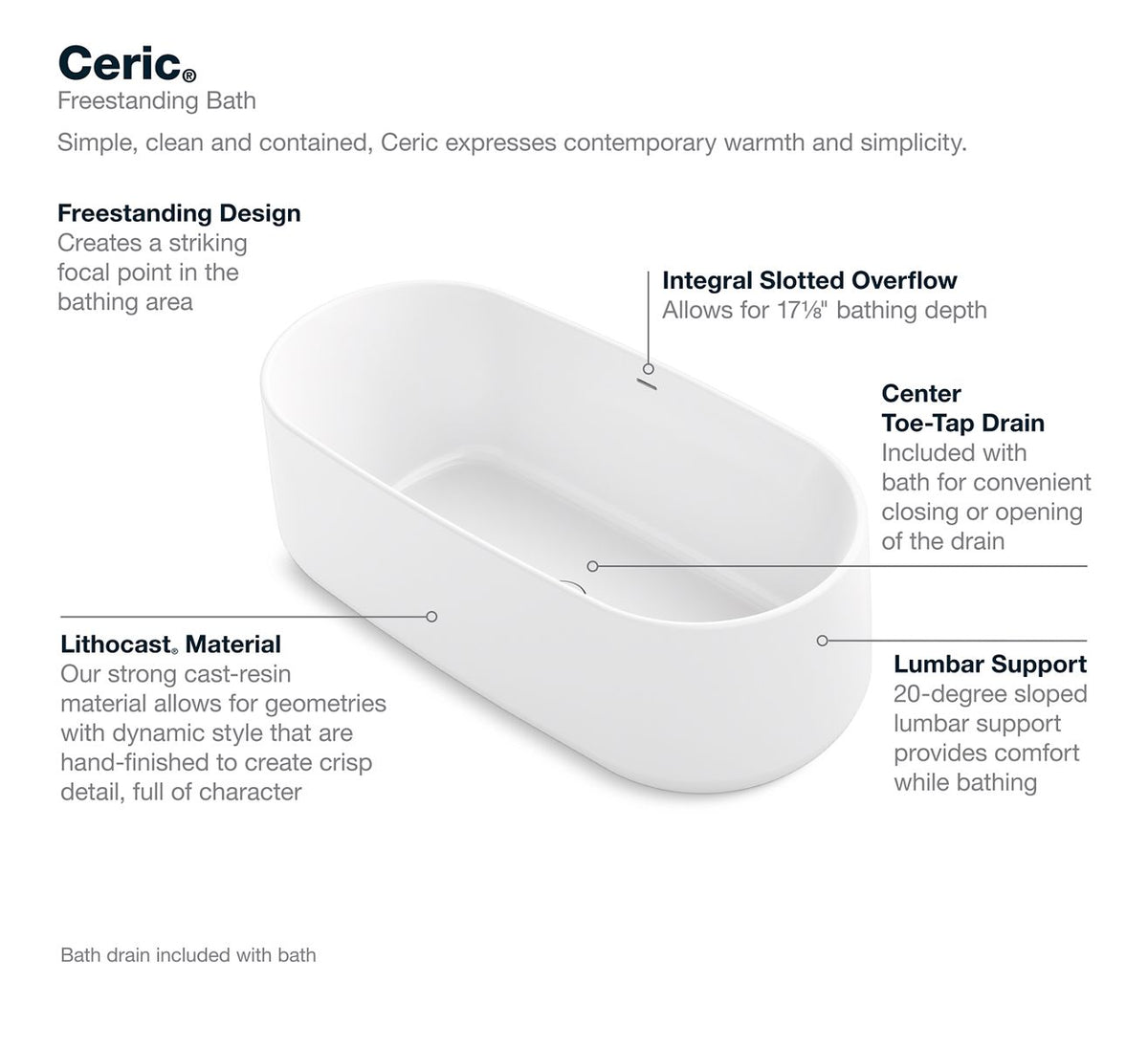 KOHLER K-8336-0 Ceric 65" X 31" Freestanding Bath - White
