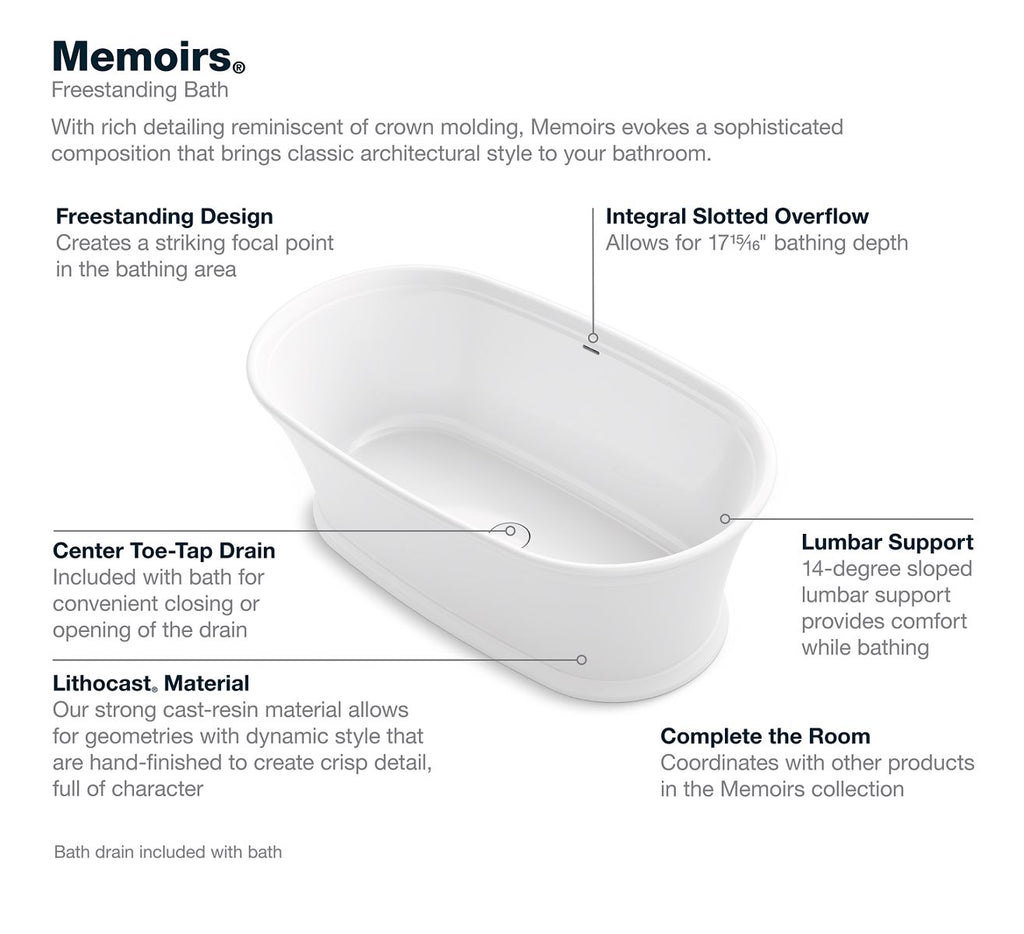 KOHLER K-8333-0 Memoirs 66-1/4" X 36-1/2" Freestanding Bath - White