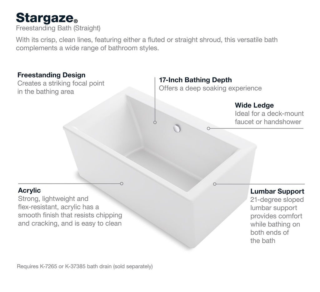 KOHLER K-24010-0 Stargaze 60" X 34" Freestanding Bath With Straight Shroud - White