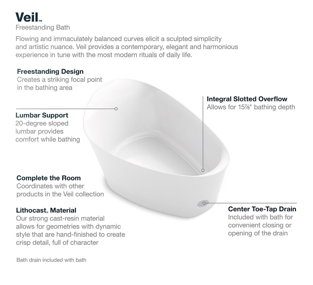 KOHLER K-8331-0 Veil 65-3/8" X 36-15/16” Freestanding Bath - White