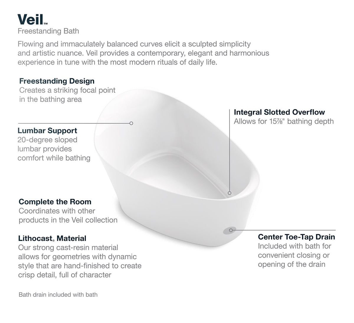 KOHLER K-8331-0 Veil 65-3/8" X 36-15/16” Freestanding Bath - White