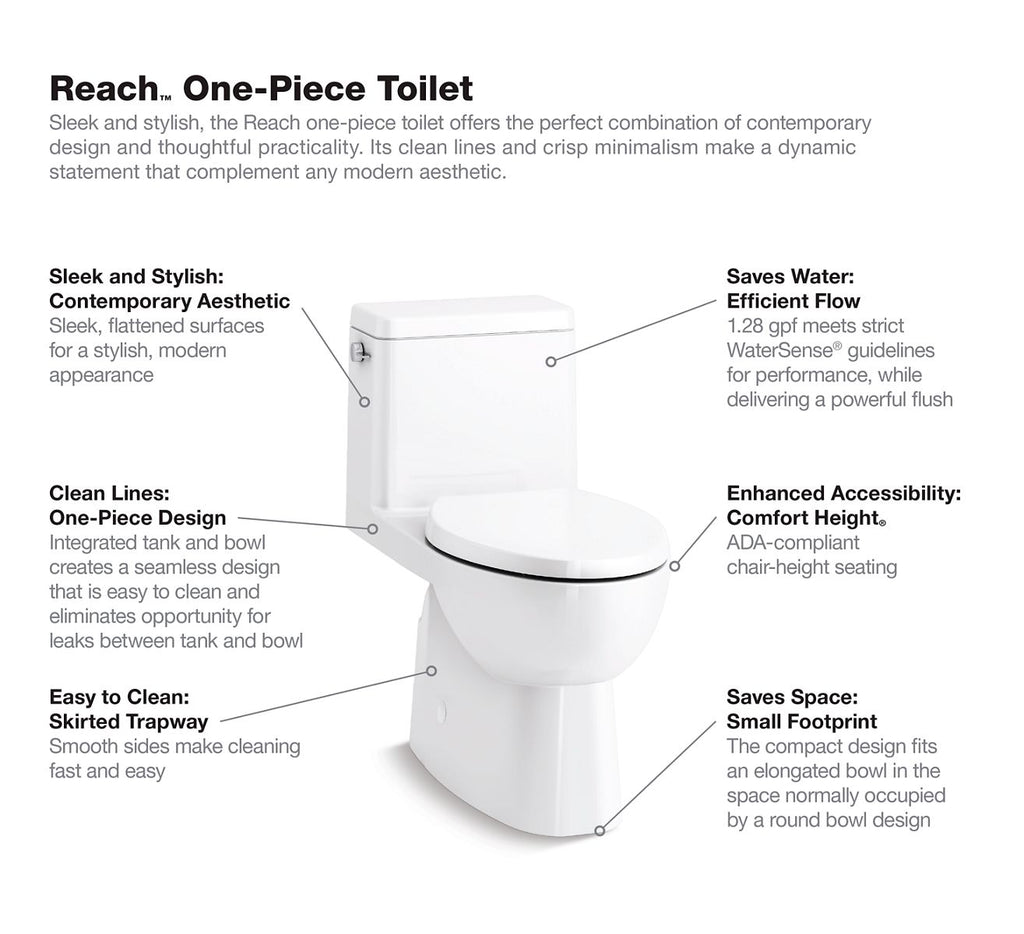KOHLER K-78080-96 Reach One-Piece Compact Elongated Toilet With Skirted Trapway, 1.28 Gpf - Biscuit