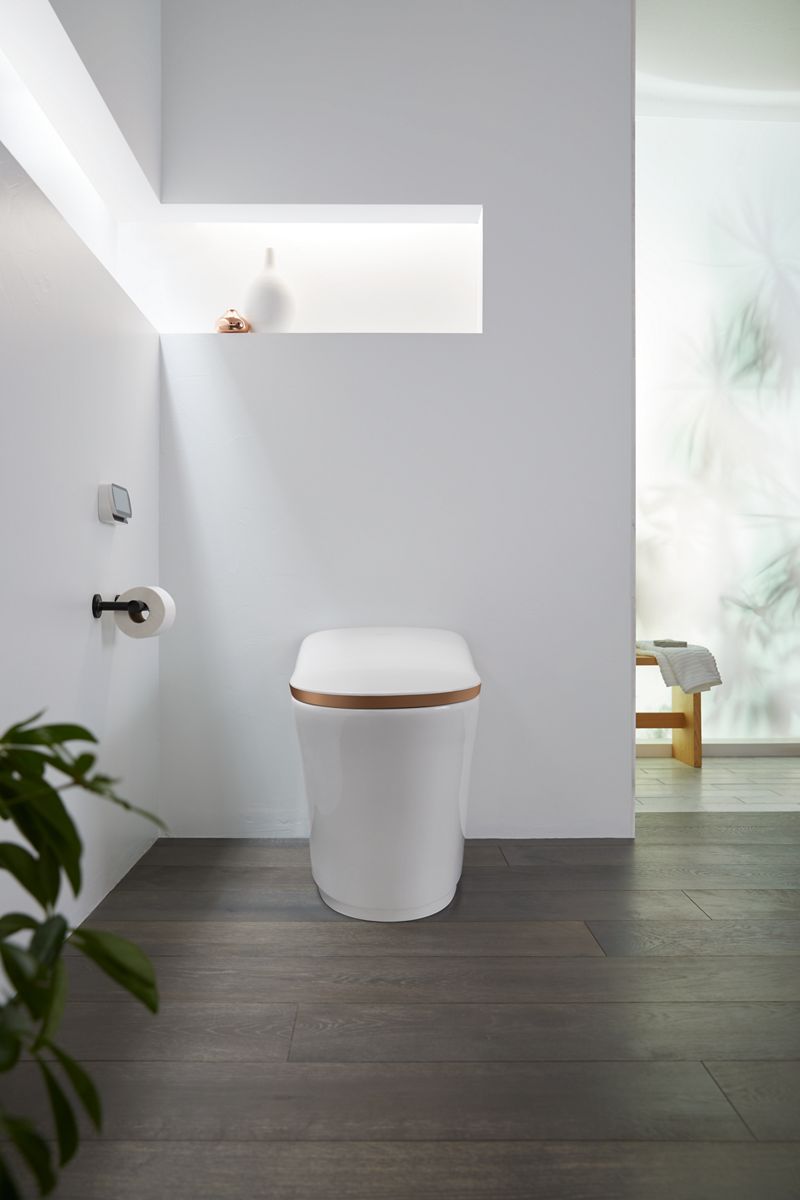 KOHLER K-77795-0SG Eir One-Piece Elongated Smart Toilet, Dual-Flush In White with Sunrise Gold Trim