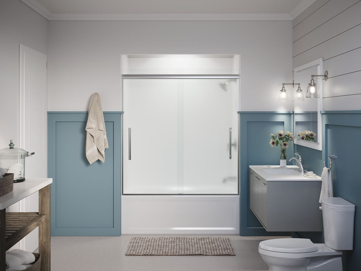 KOHLER K-707602-8D3-SHP Pleat Frameless Sliding Bath Door, 63-9/16" H X 54-5/8 - 59-5/8" W, With 5/16" Thick Frosted Glass In Bright Polished Silver