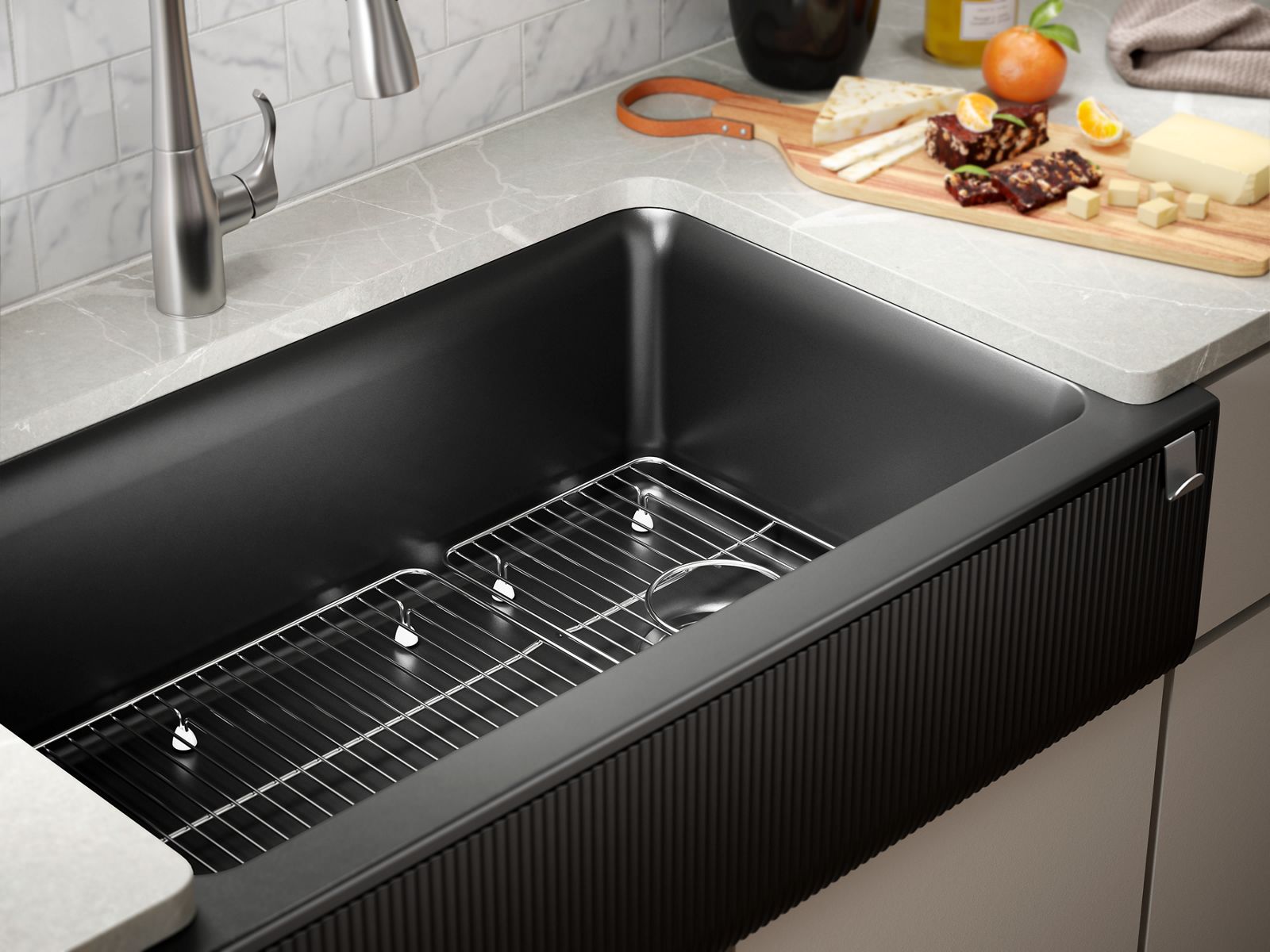 KOHLER K-25788-CM4 Cairn 34" Undermount Single-Bowl Farmhouse Kitchen Sink With Fluted Design - Matte Grey