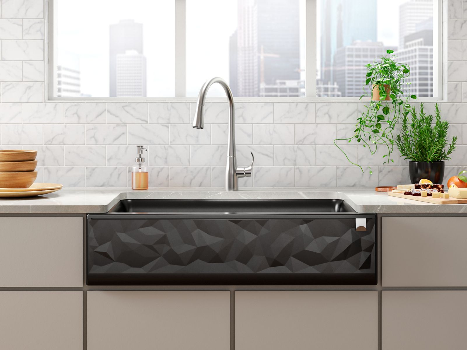 KOHLER K-29825-CM2 Cairn 34" Undermount Single-Bowl Farmhouse Kitchen Sink With Faceted Design - Matte Brown