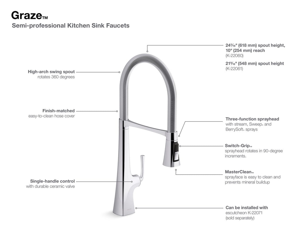 KOHLER K-22061-VS Graze Semi-Professional Kitchen Sink Faucet With Three-Function Sprayhead - Vibrant Stainless