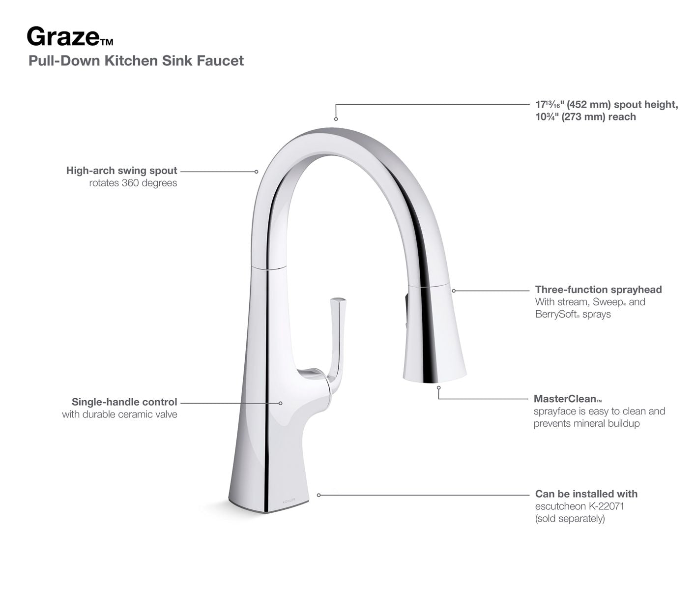 KOHLER K-22062-2MB Graze Pull-down kitchen sink faucet with three-function sprayhead - Vibrant Brushed Moderne Brass