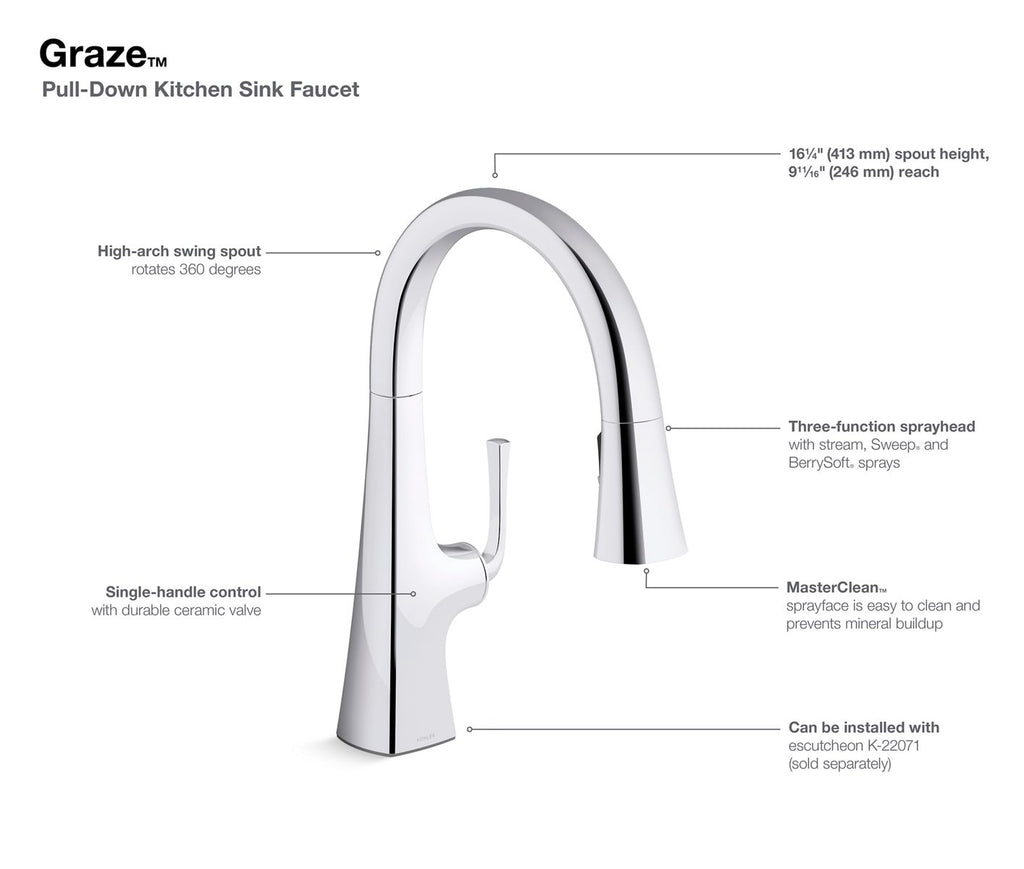 KOHLER K-22063-BL Graze Pull-Down Kitchen Sink Faucet With Three-Function Sprayhead - Matte Black